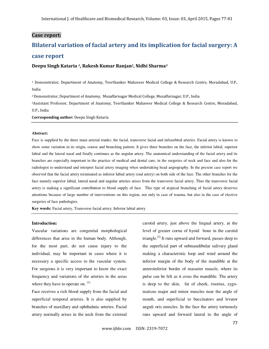 Bilateral Variation of Facial Artery and Its Implication for Facial Surgery: a Case Report
