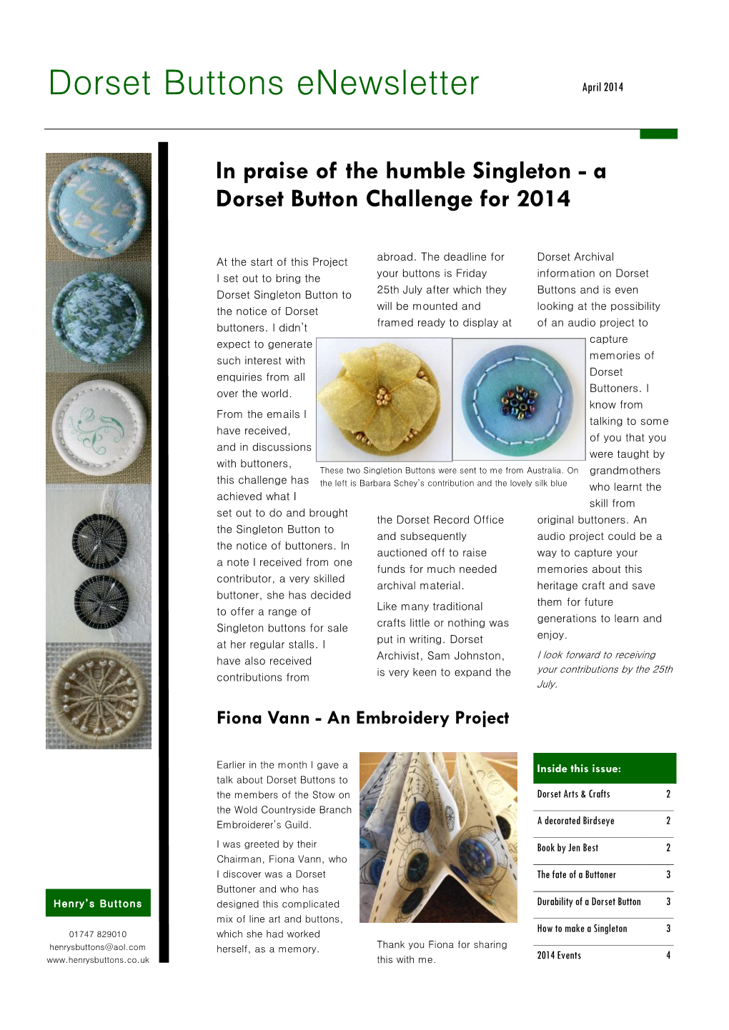 Dorset Buttons Enewsletter April 2014