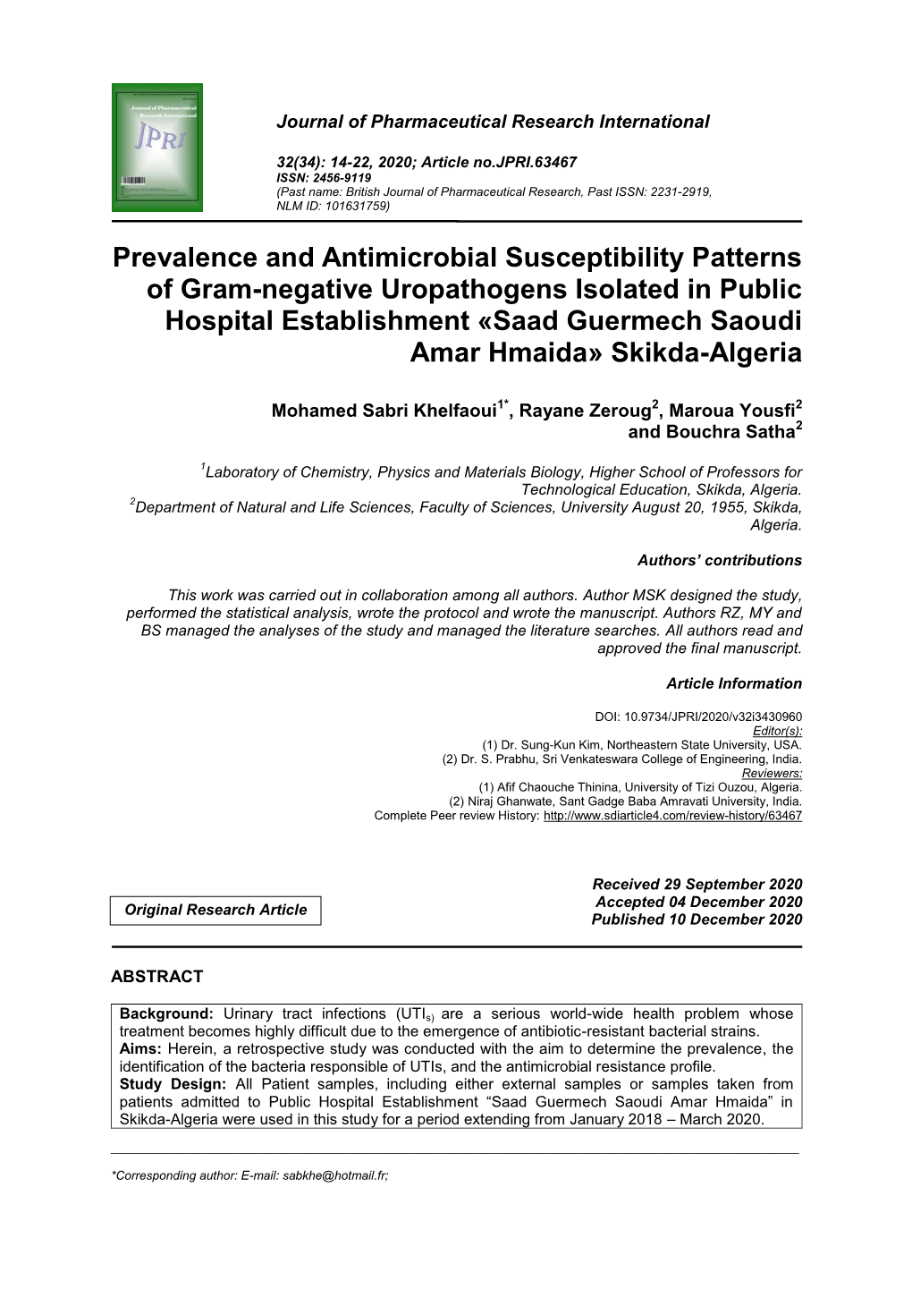 Prevalence and Antimicrobial Susceptibility Patterns of Gram