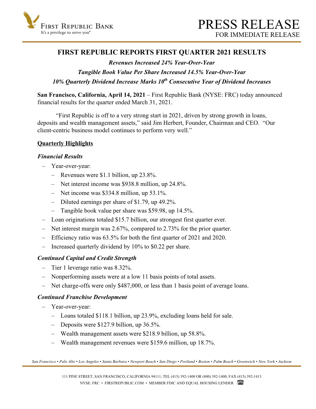 FRB Earnings Release Q1 2021