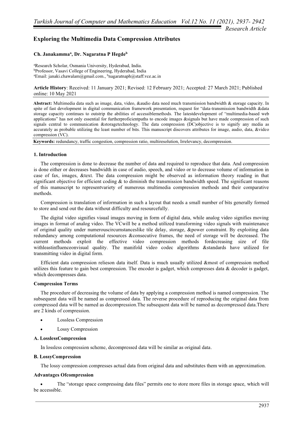 2942 Research Article Exploring the Multimedia Data Compression Attributes