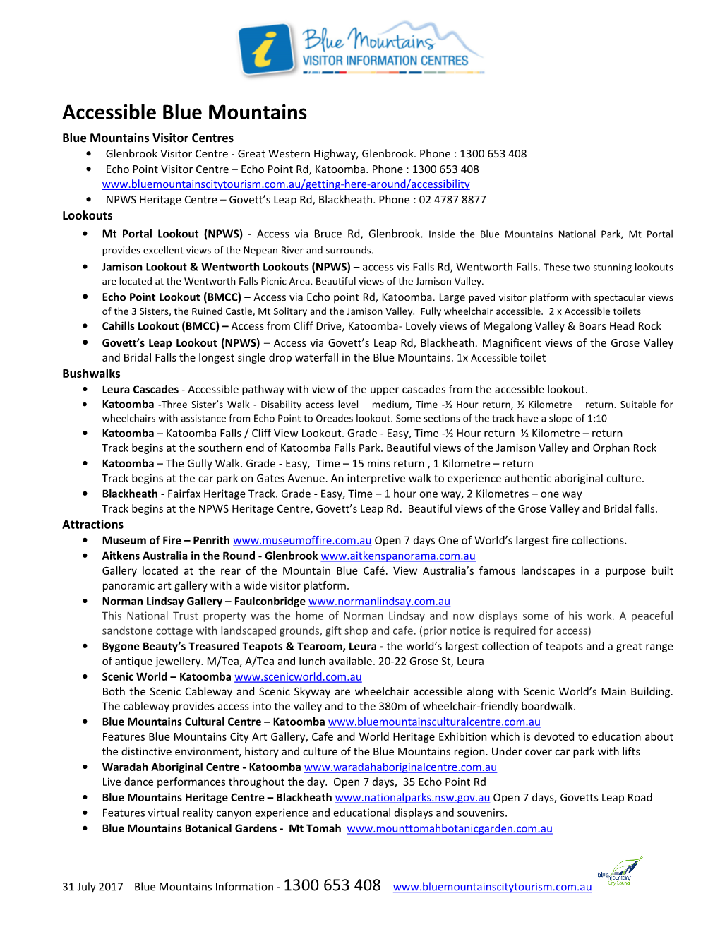 Visitor Information: Accessible Blue Mountains