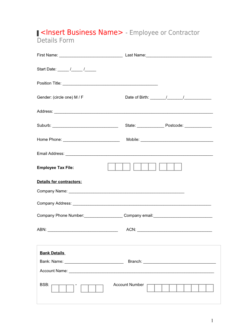 Employee Details Form Template