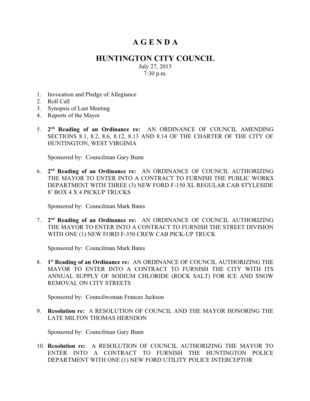 Huntington City Council Agenda 2 July 27, 2015