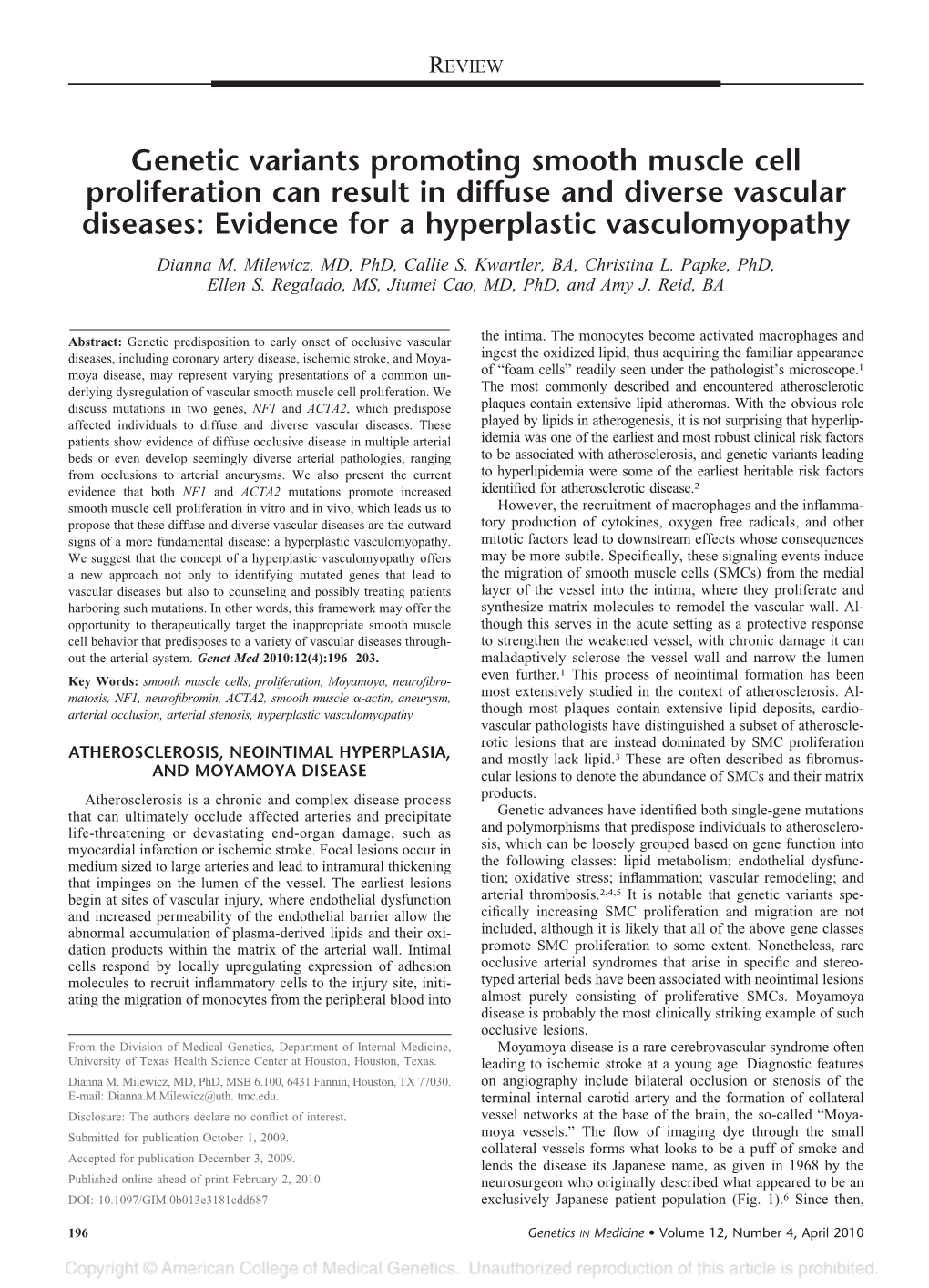 Genetic Variants Promoting Smooth Muscle Cell Proliferation Can Result in Diffuse and Diverse Vascular Diseases: Evidence for a Hyperplastic Vasculomyopathy Dianna M