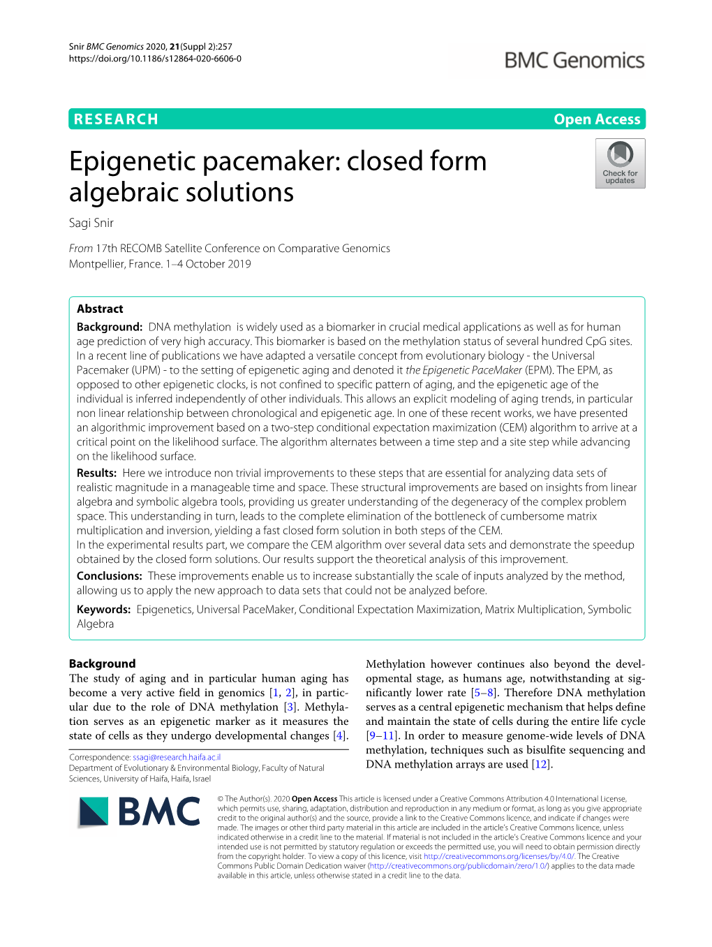 Epigenetic Pacemaker: Closed Form Algebraic Solutions Sagi Snir