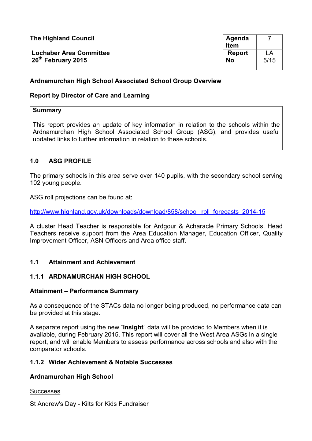 Ardnamurchan High School Associated School Group Overview