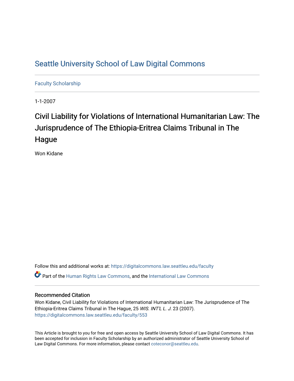 Civil Liability for Violations of International Humanitarian Law: the Jurisprudence of the Ethiopia-Eritrea Claims Tribunal in the Hague