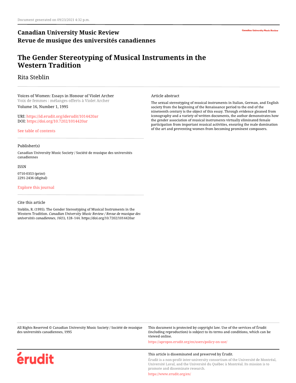 The Gender Stereotyping of Musical Instruments in the Western Tradition Rita Steblin