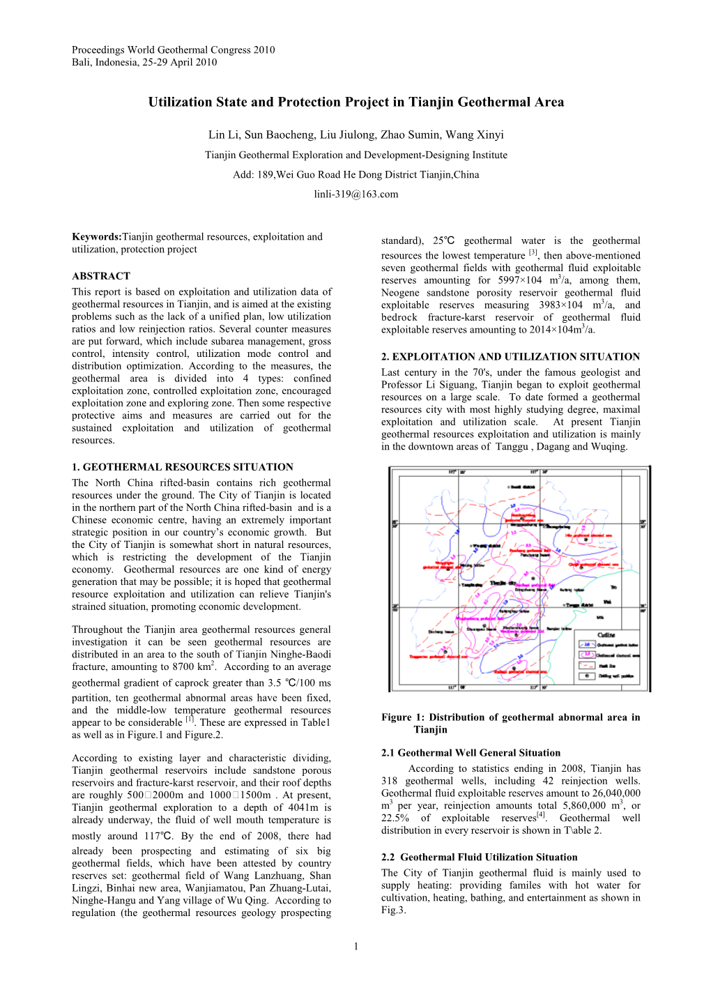 Utilization State and Protection Project in Tianjin Geothermal Area