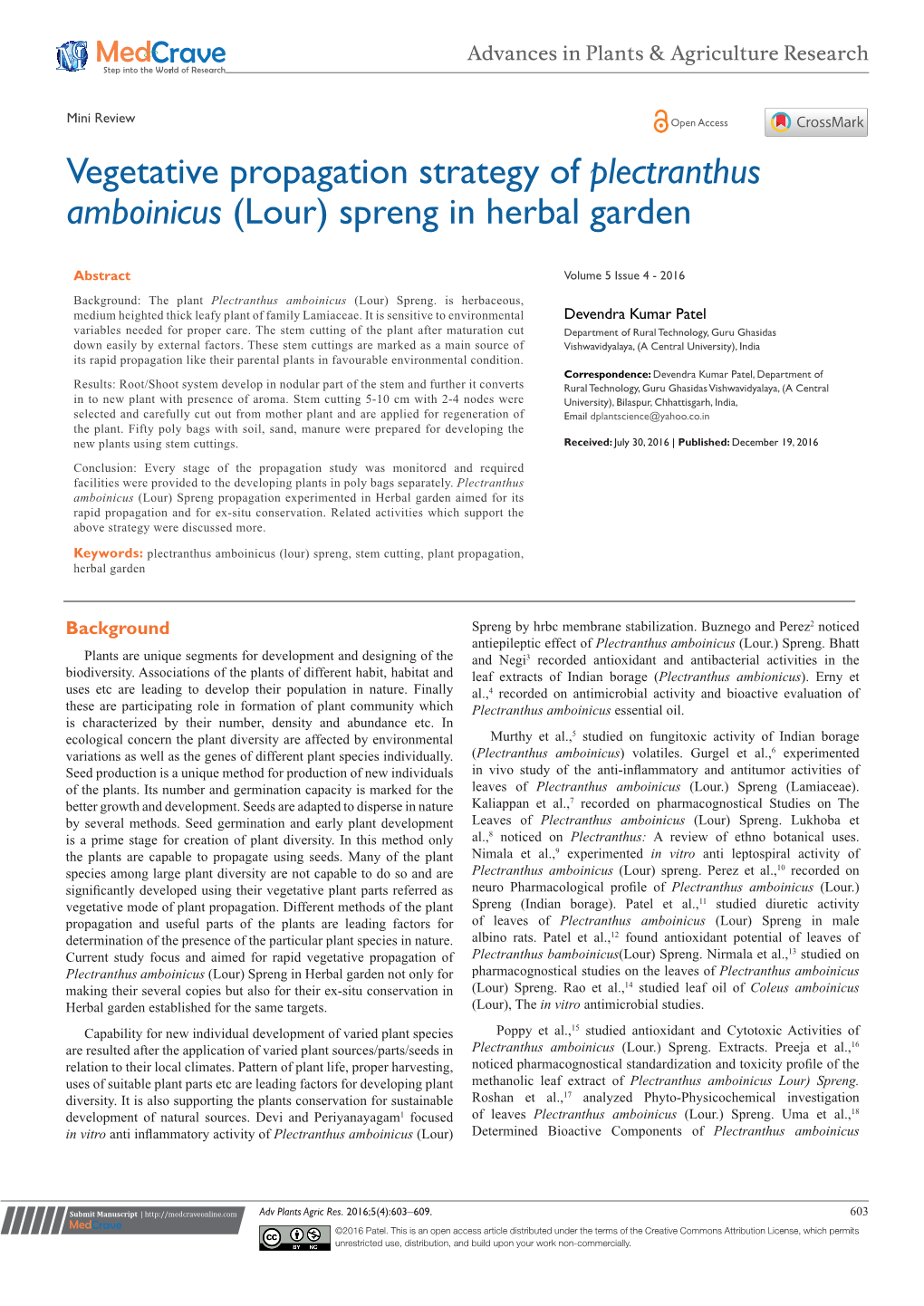 Vegetative Propagation Strategy of Plectranthus Amboinicus (Lour) Spreng in Herbal Garden