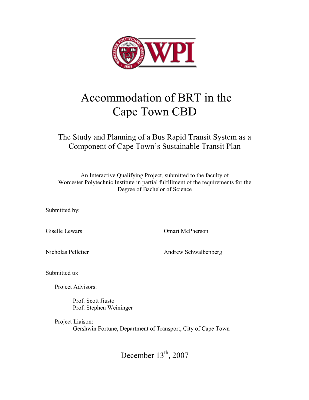 Accommodation of BRT in the Cape Town CBD