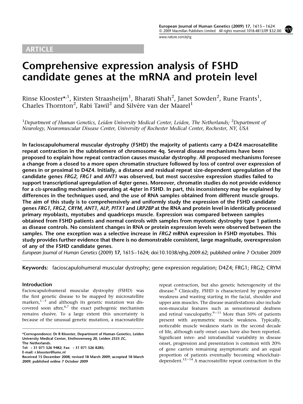 Comprehensive Expression Analysis of FSHD Candidate Genes at the Mrna and Protein Level