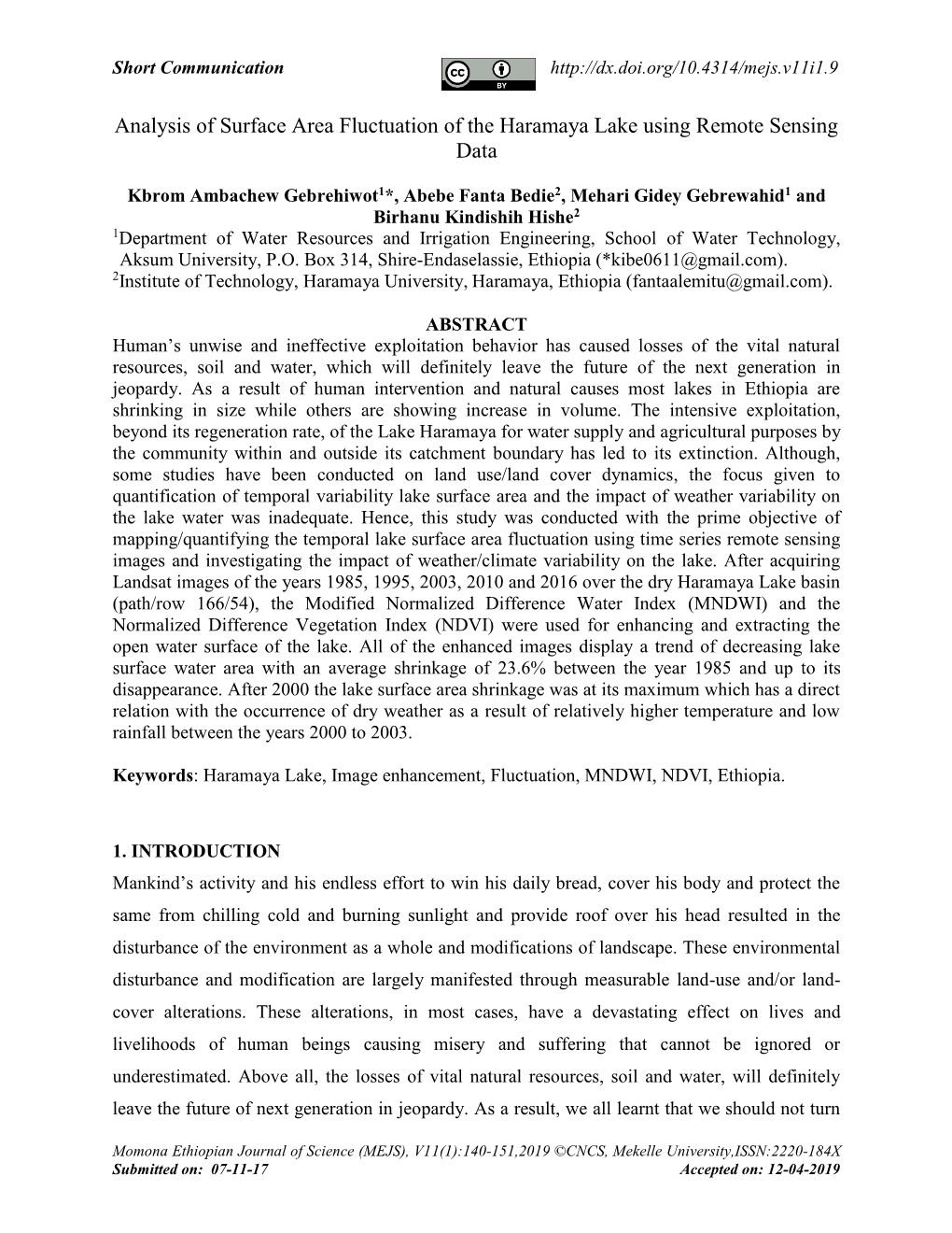 Analysis of Surface Area Fluctuation of the Haramaya Lake Using Remote Sensing Data