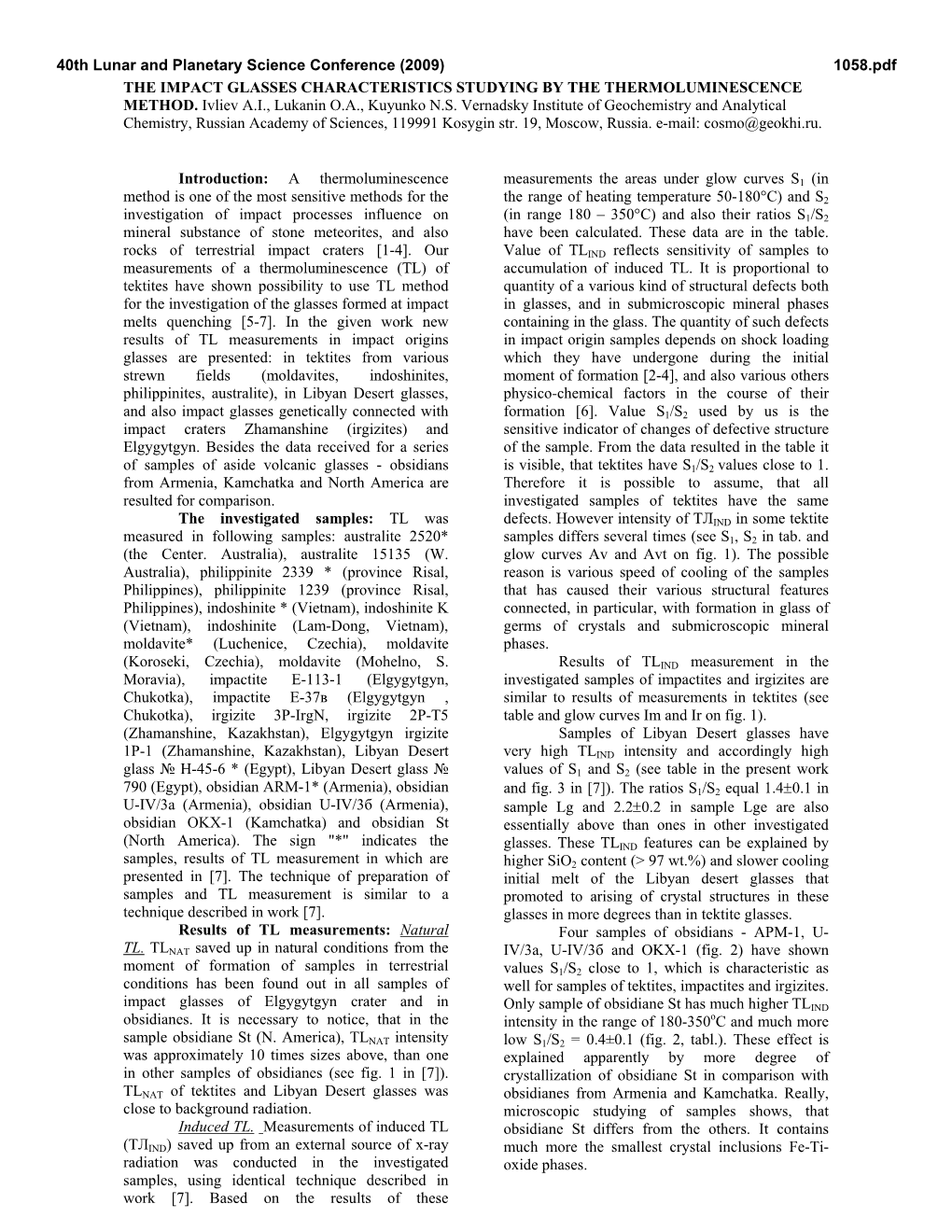 THE IMPACT GLASSES CHARACTERISTICS STUDYING by the THERMOLUMINESCENCE METHOD. Ivliev A.I., Lukanin O.A., Kuyunko N.S. Vernadsky