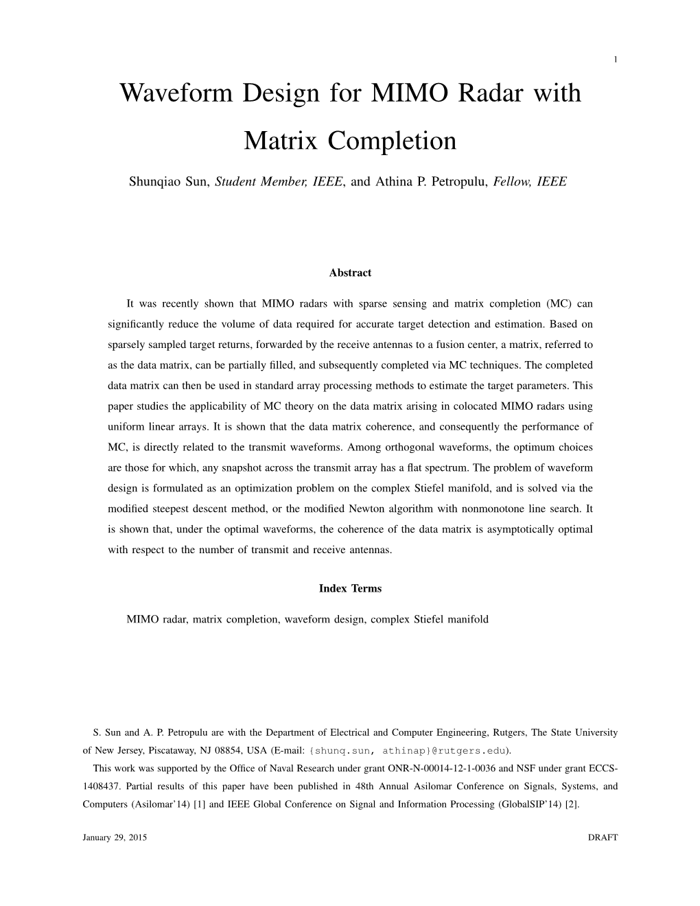 Waveform Design for MIMO Radar with Matrix Completion