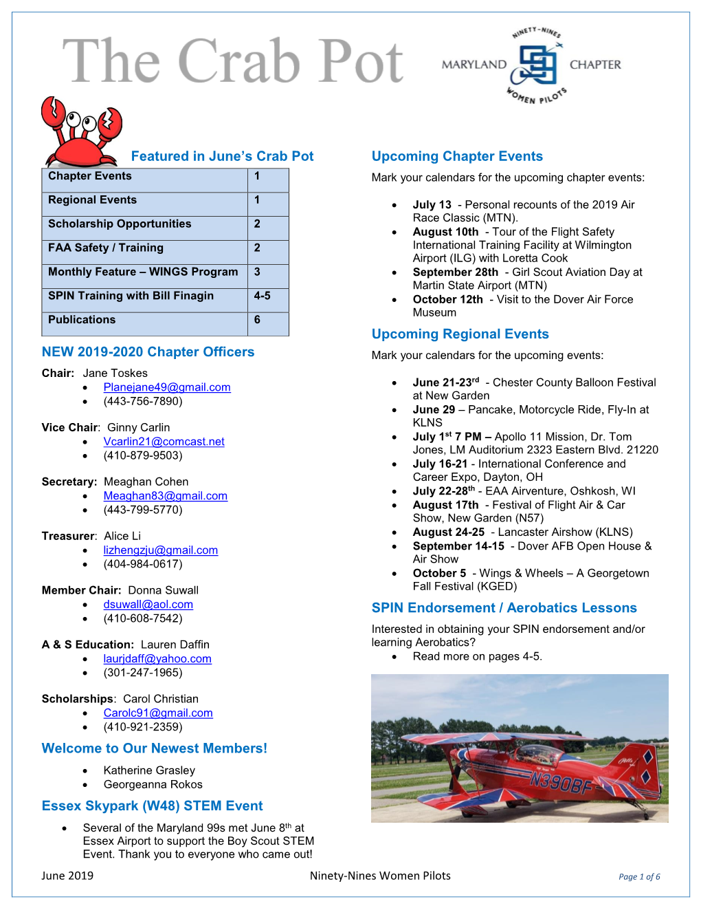 Ninety-Nines Maryland Chapter June Newsletter