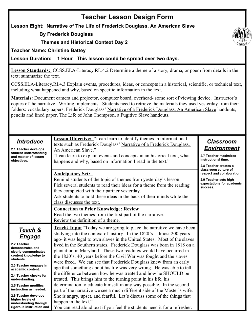 MSD of Wayne Township Teacher Lesson Design Observation Form