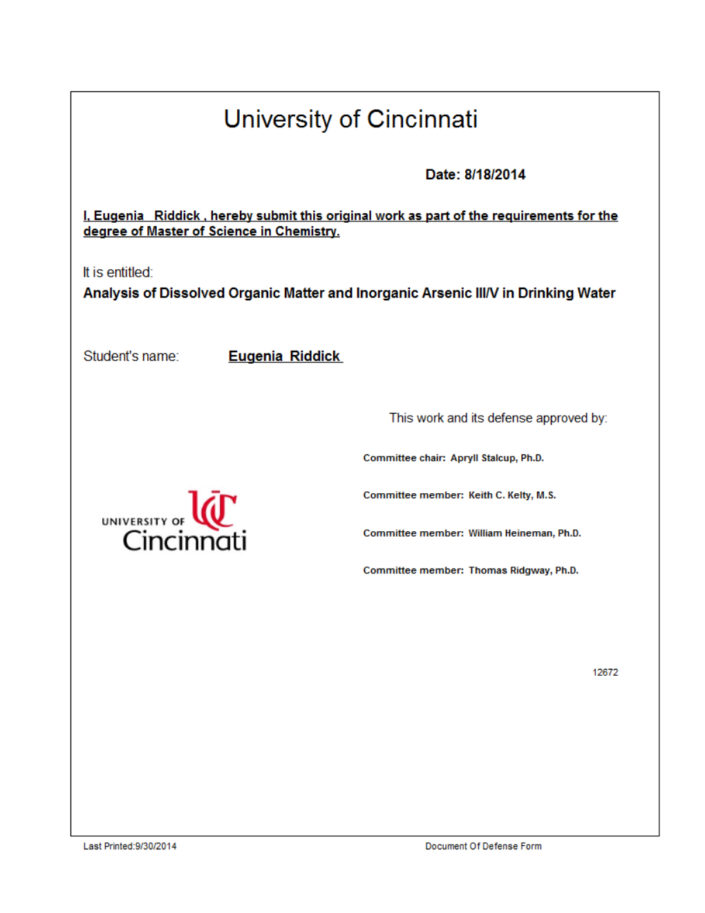 Analysis of Dissolved Organic Matter and Inorganic Arsenic III/V in Drinking Water