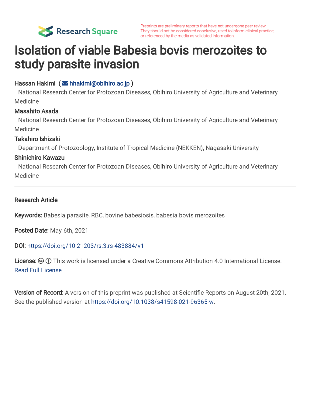 Isolation of Viable Babesia Bovis Merozoites to Study Parasite Invasion