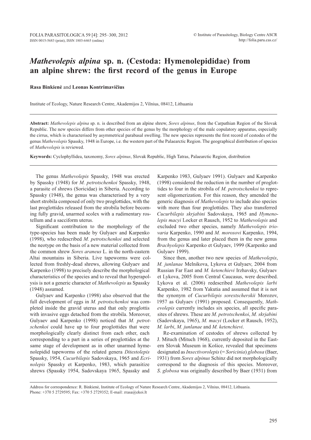(Cestoda: Hymenolepididae) from an Alpine Shrew: the First Record of the Genus in Europe