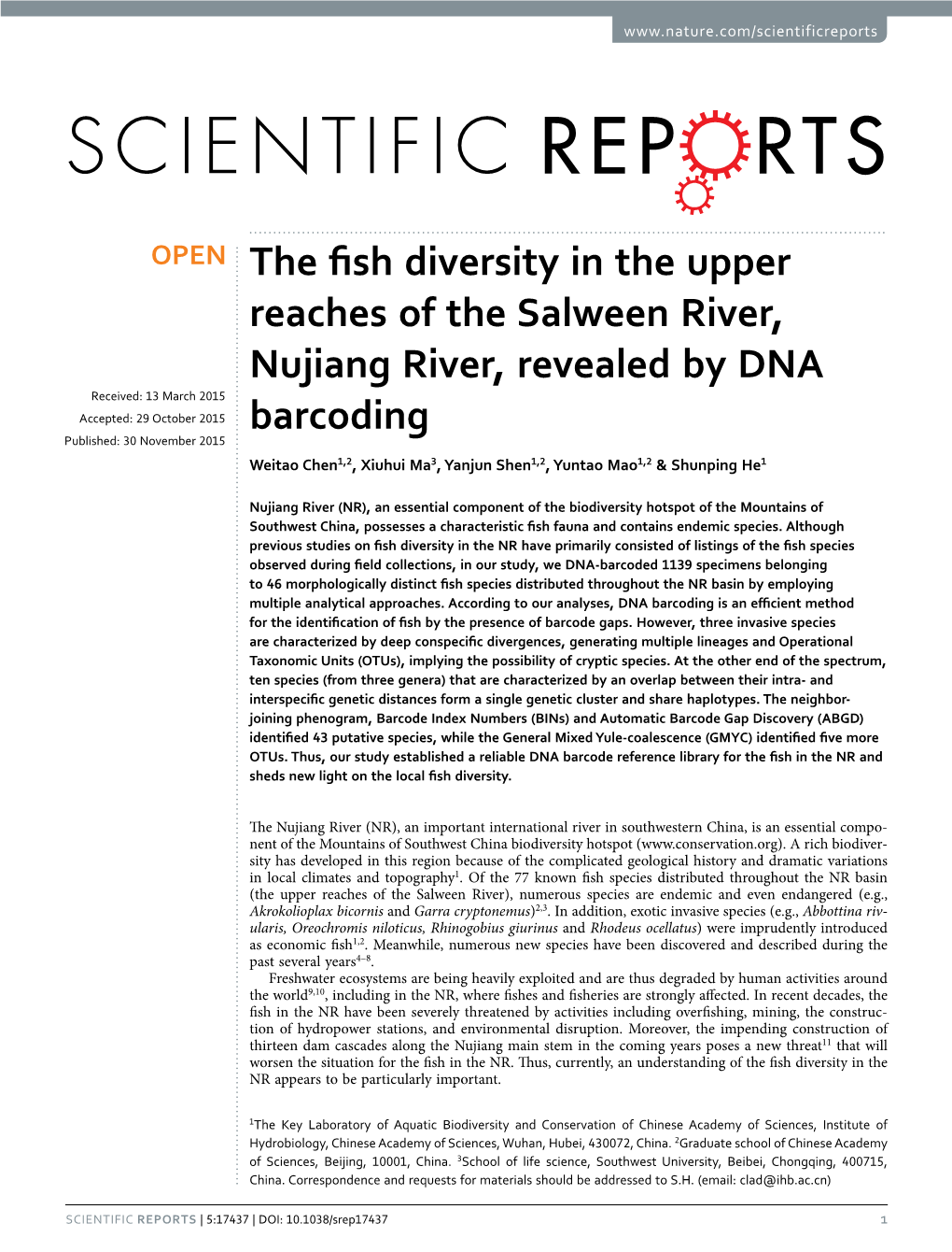 The Fish Diversity in the Upper Reaches of the Salween River, Nujiang River
