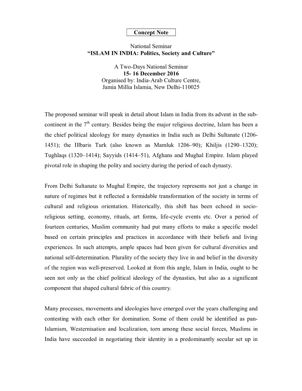 Concept Note National Seminar “ISLAM in INDIA: Politics, Society