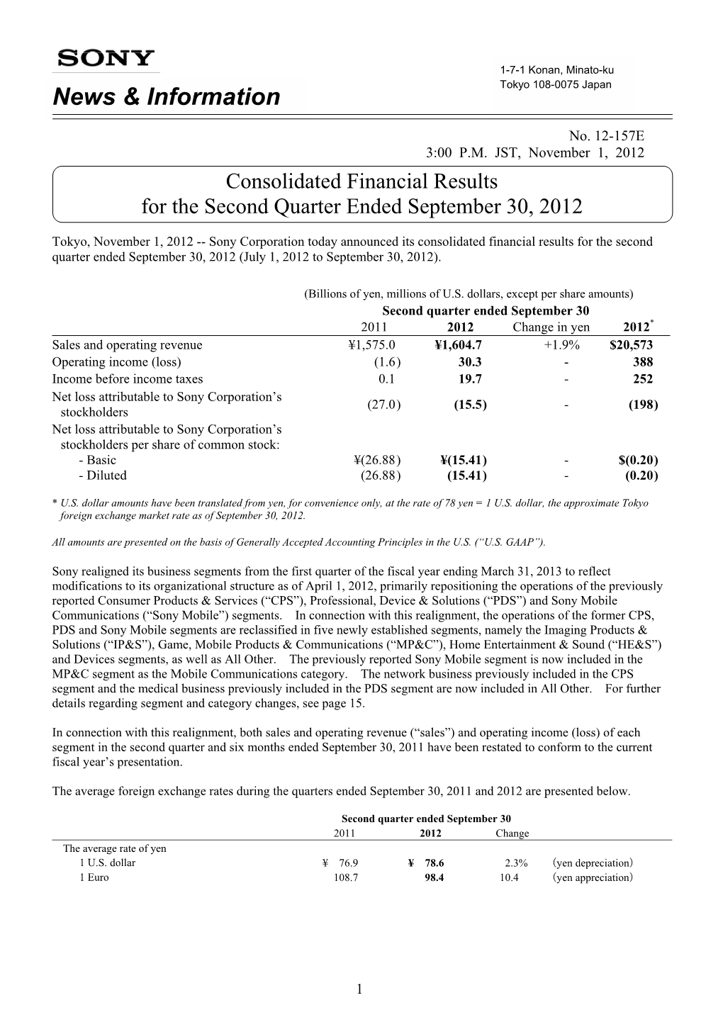 Consolidated Financial Results for the Second Quarter Ended September 30, 2012