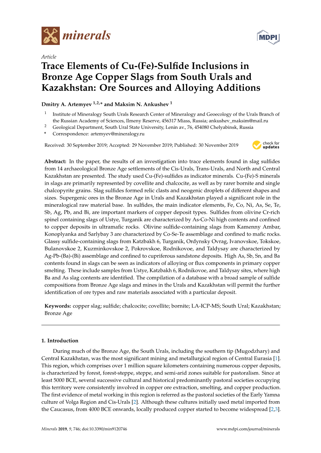 Trace Elements of Cu-(Fe)-Sulfide Inclusions in Bronze Age Copper
