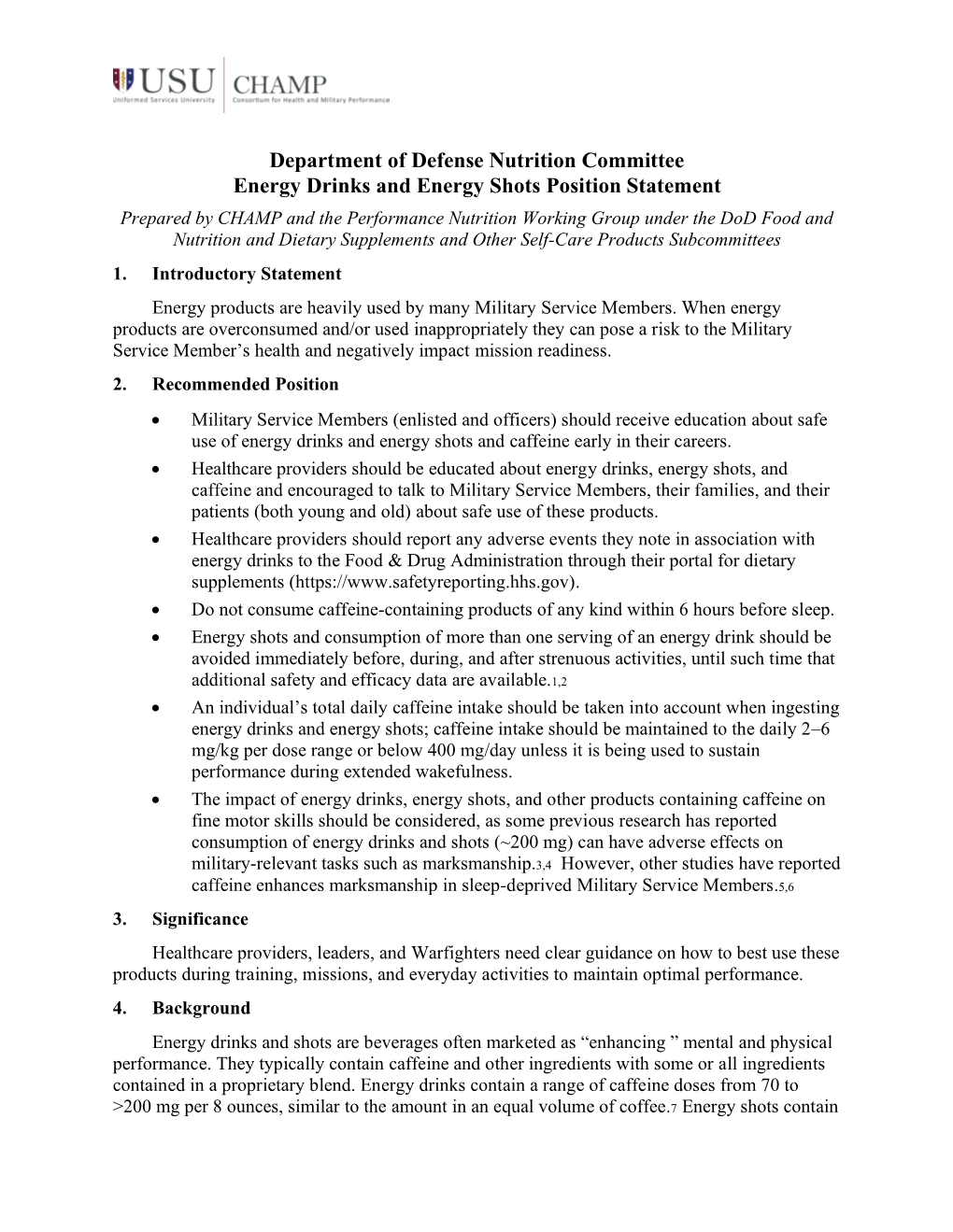 Dod Nutrition Committee Energy Drinks and Energy Shots Position