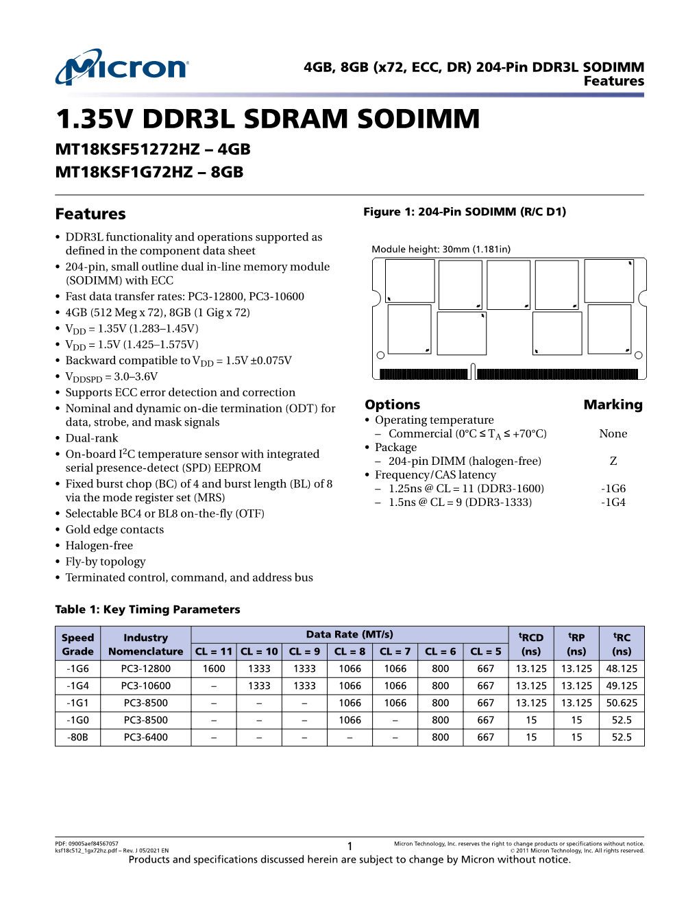 204-Pin DDR3L SODIMM Features 1.35V DDR3L SDRAM SODIMM MT18KSF51272HZ – 4GB MT18KSF1G72HZ – 8GB