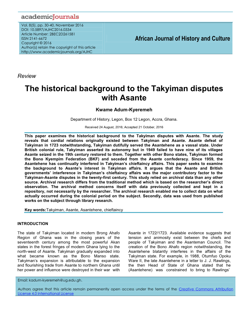 The Historical Background to the Takyiman Disputes with Asante