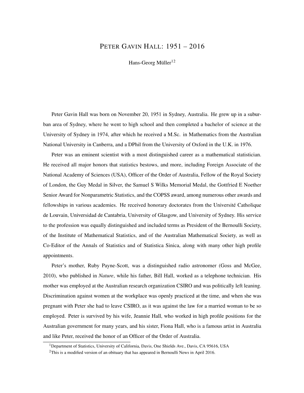 An Obituary to Peter Gavin Hall, 1951-2016