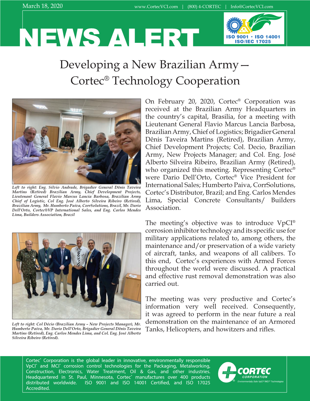 NEWS ALERT Developing a New Brazilian Army— Cortec® Technology Cooperation