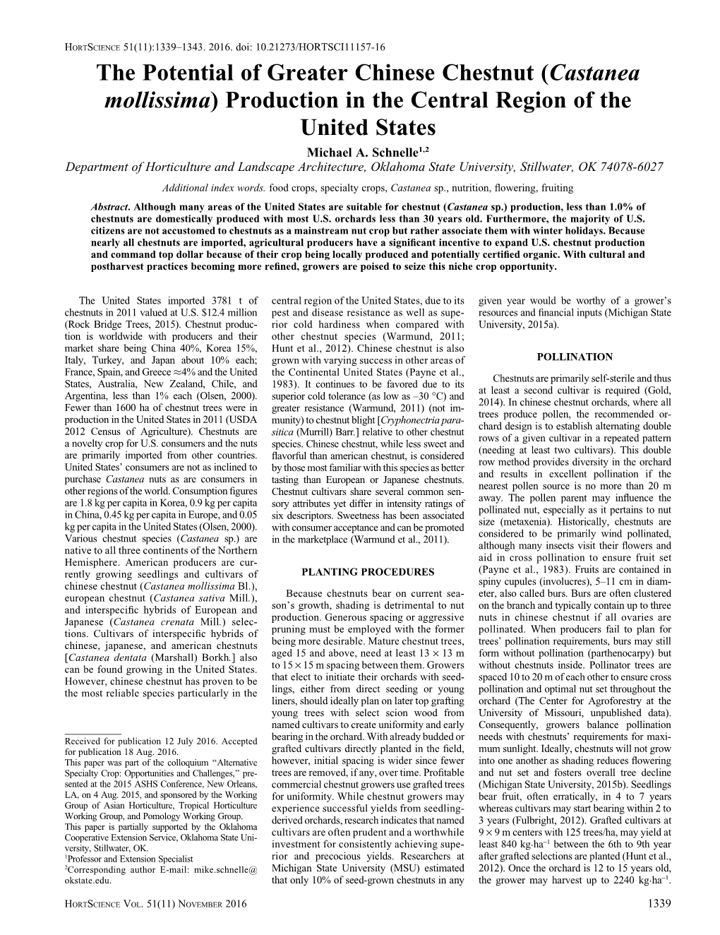 Castanea Mollissima) Production in the Central Region of the United States Michael A