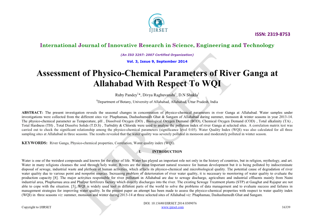 Assessment of Physico-Chemical Parameters of River Ganga at Allahabad with Respect to WQI