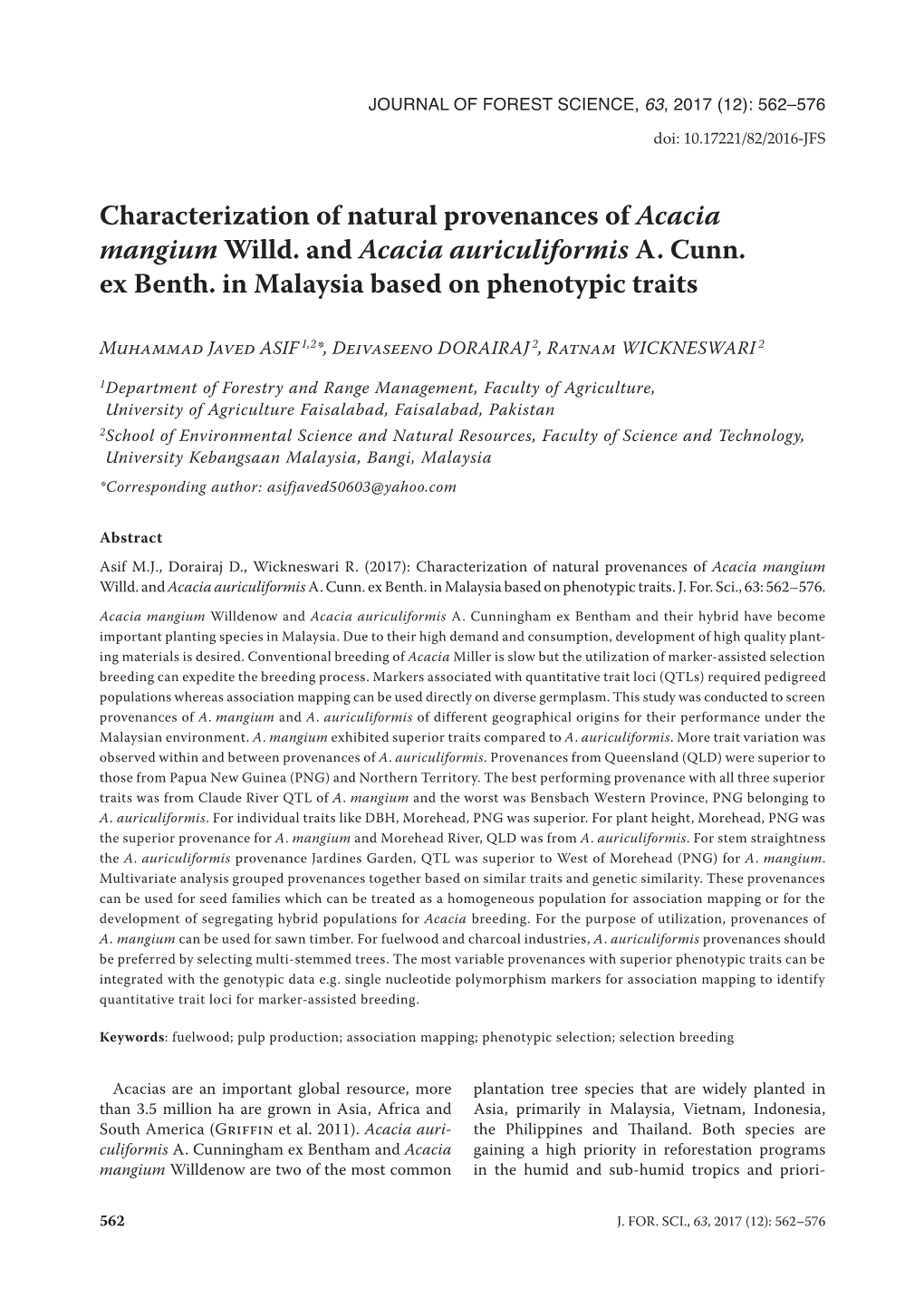 Characterization of Natural Provenances of Acacia Mangium Willd