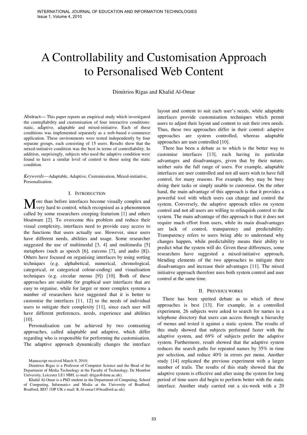 A Controllability and Customisation Approach to Personalised Web Content