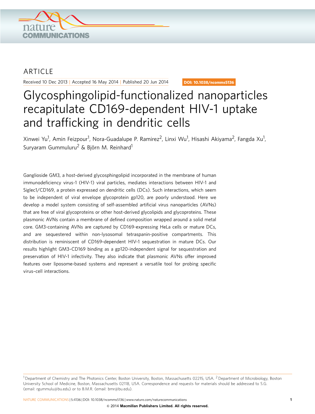 Glycosphingolipid-Functionalized Nanoparticles Recapitulate CD169-Dependent HIV-1 Uptake and Trafﬁcking in Dendritic Cells