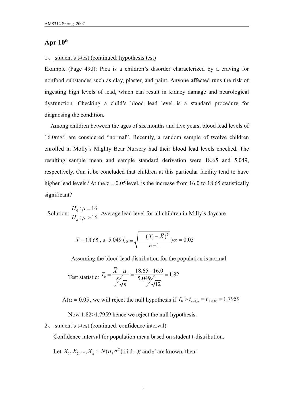 1 Student S T-Test (Continued: Hypothesis Test)