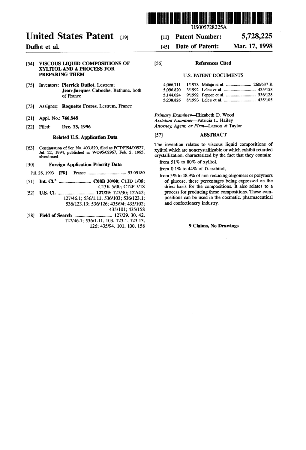 United States Patent (19) 11 Patent Number: 5,728,225 Duflot Et Al