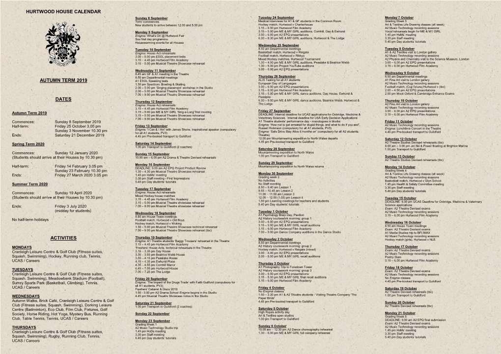 Hurtwood House Calendar Autumn Term 2019 Dates