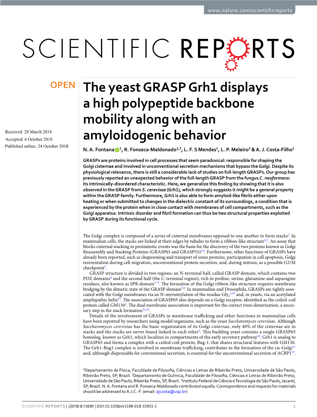 The Yeast GRASP Grh1 Displays a High Polypeptide Backbone Mobility