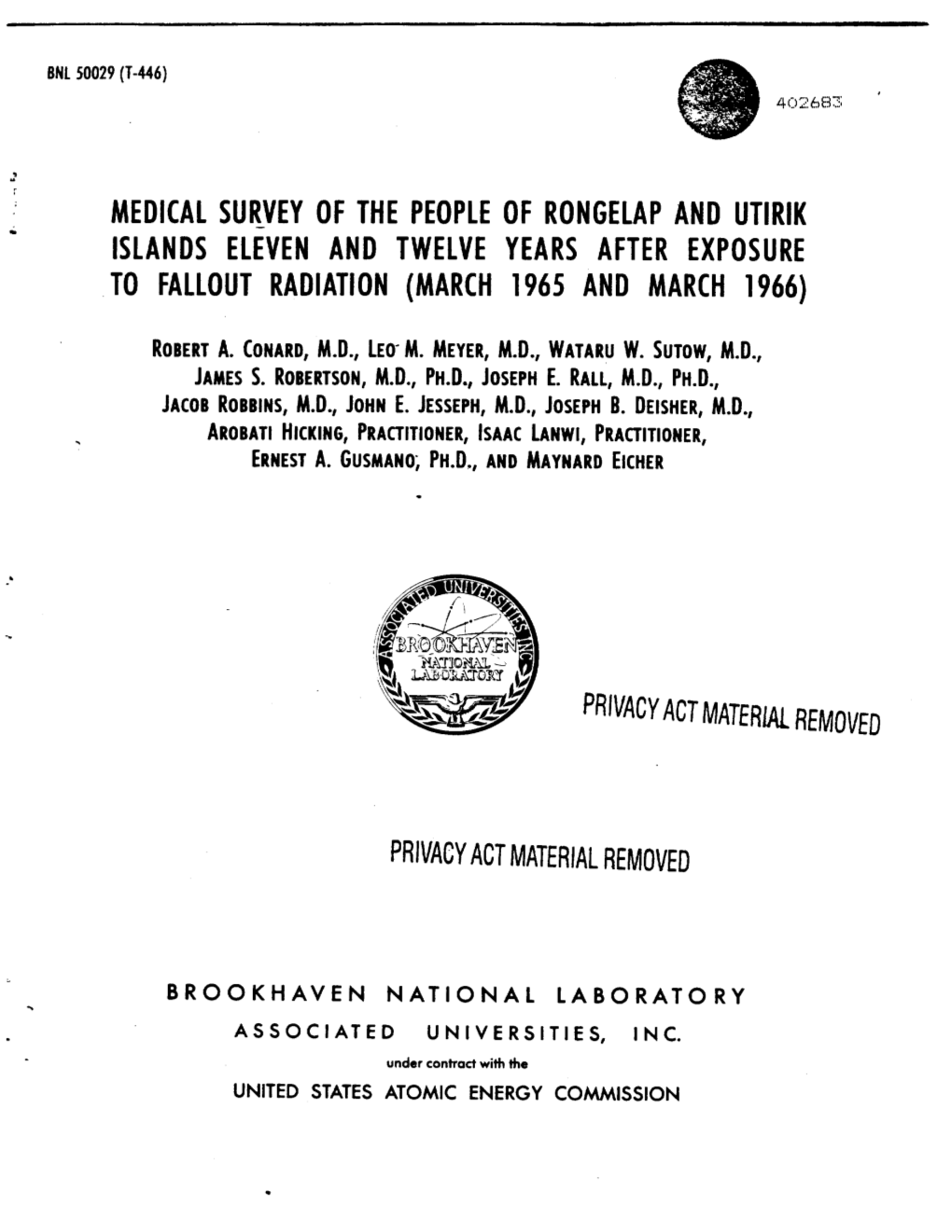 Medical Survey of the People of Rongelap and Utirik Islands Eleven and Twelve Years After Exposure to Fallout Radiation March 65