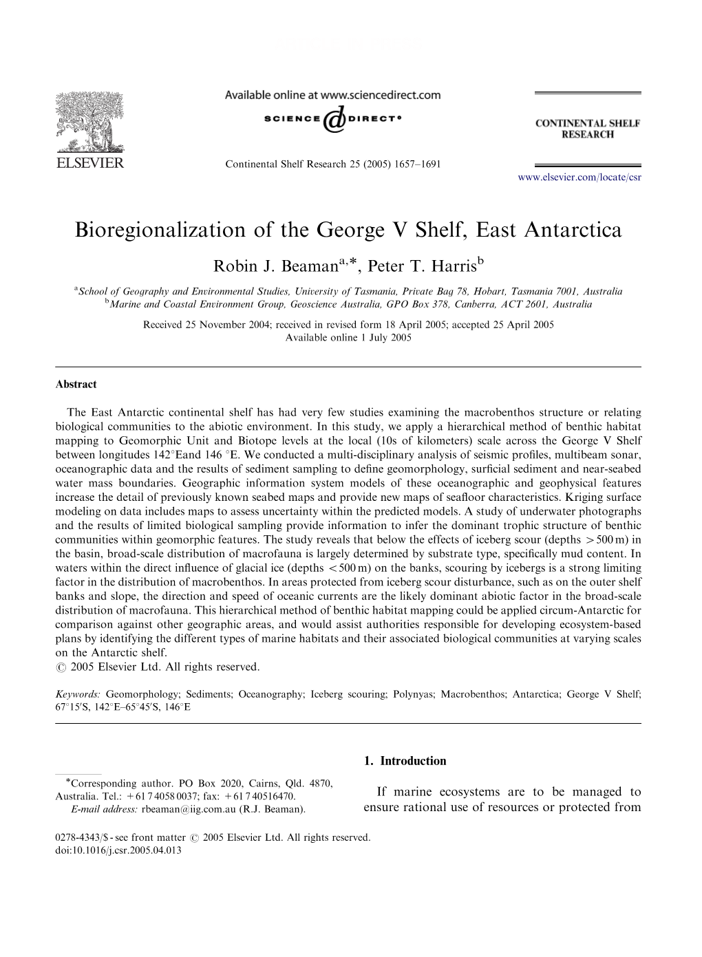 Bioregionalization of the George V Shelf, East Antarctica