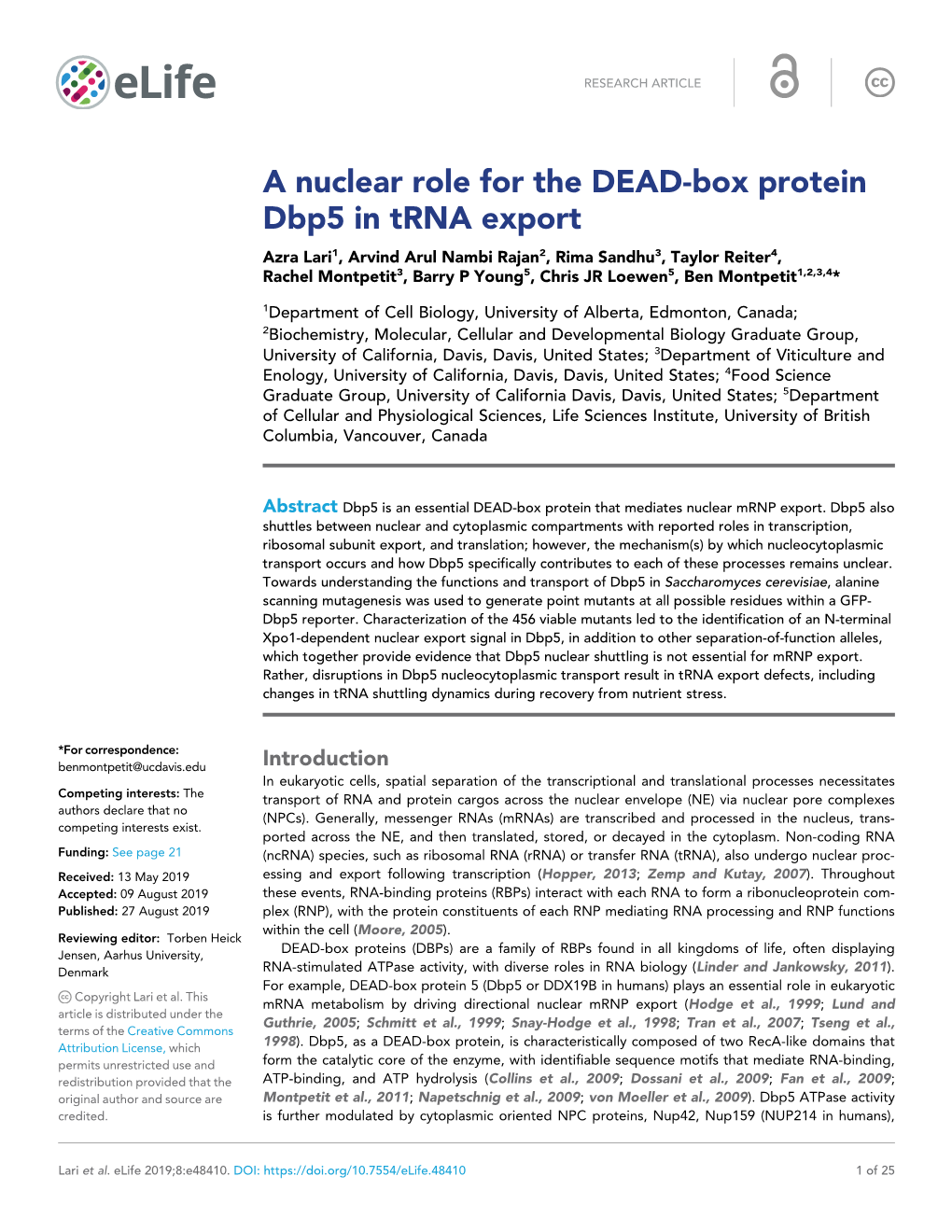 A Nuclear Role for the DEAD-Box Protein Dbp5 in Trna Export