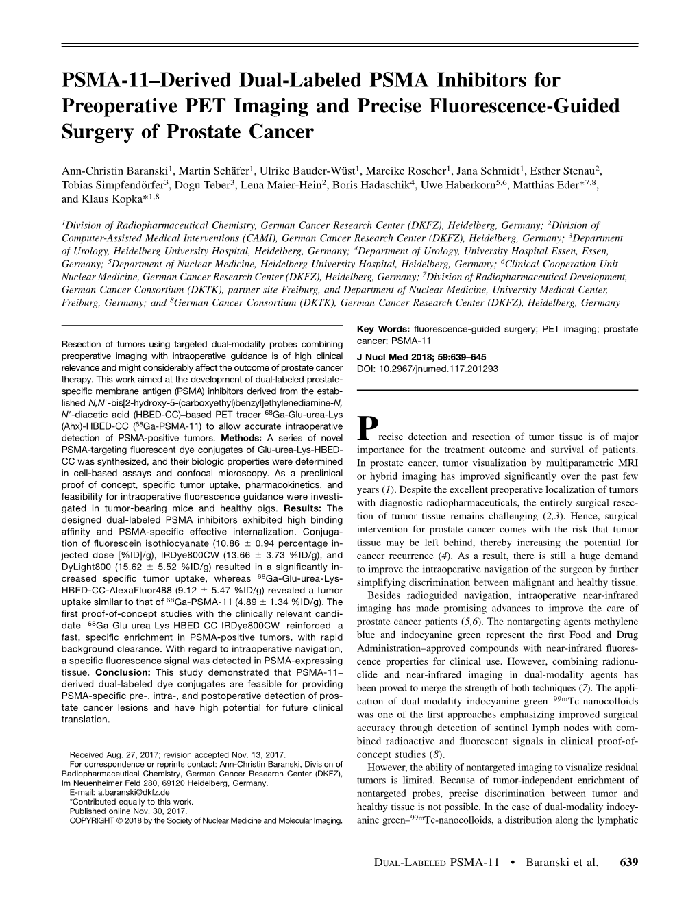 PSMA-11–Derived Dual-Labeled PSMA Inhibitors for Preoperative PET Imaging and Precise Fluorescence-Guided Surgery of Prostate Cancer