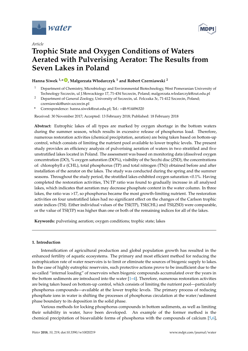 Trophic State and Oxygen Conditions of Waters Aerated with Pulverising Aerator: the Results from Seven Lakes in Poland