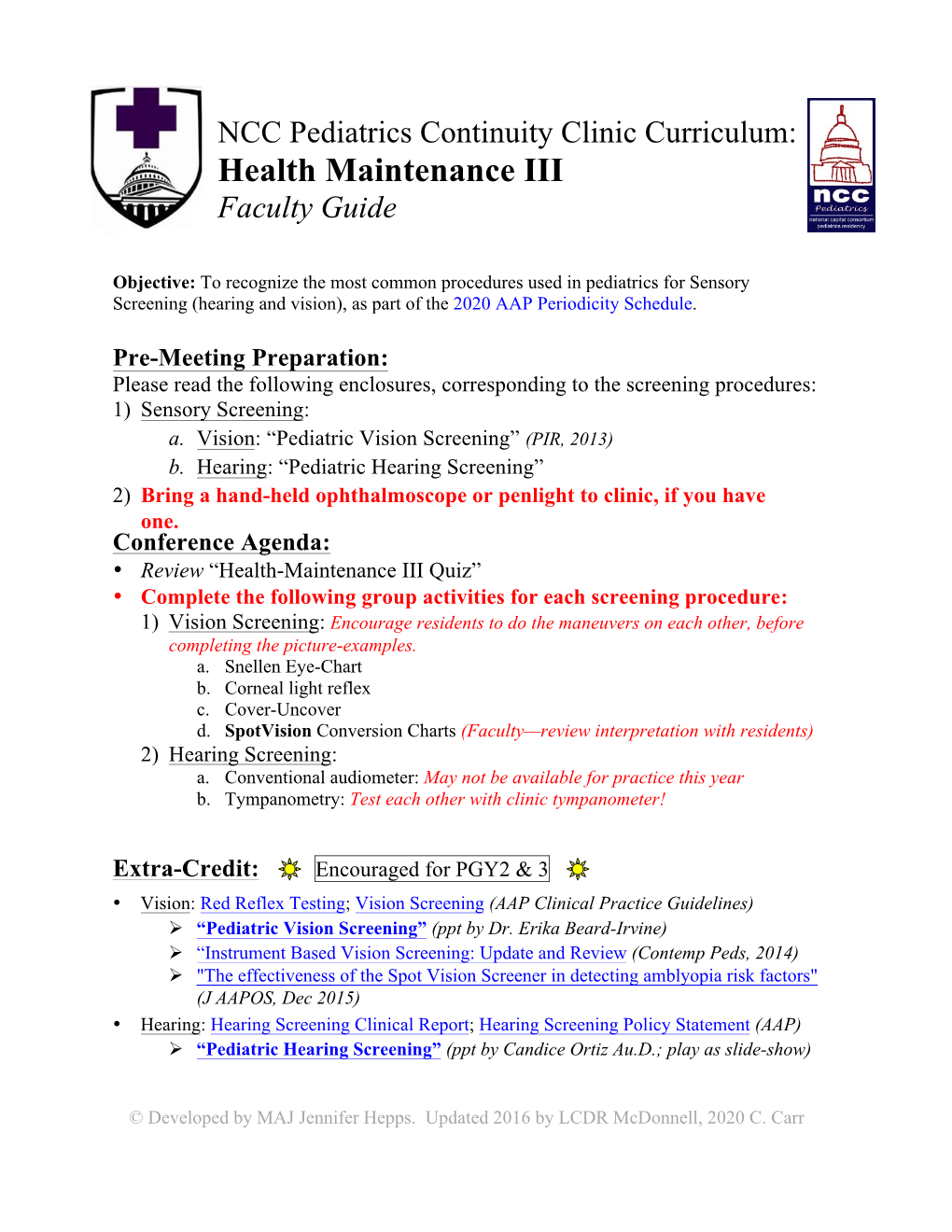 NCC Pediatrics Continuity Clinic Curriculum: Health Maintenance III Faculty Guide