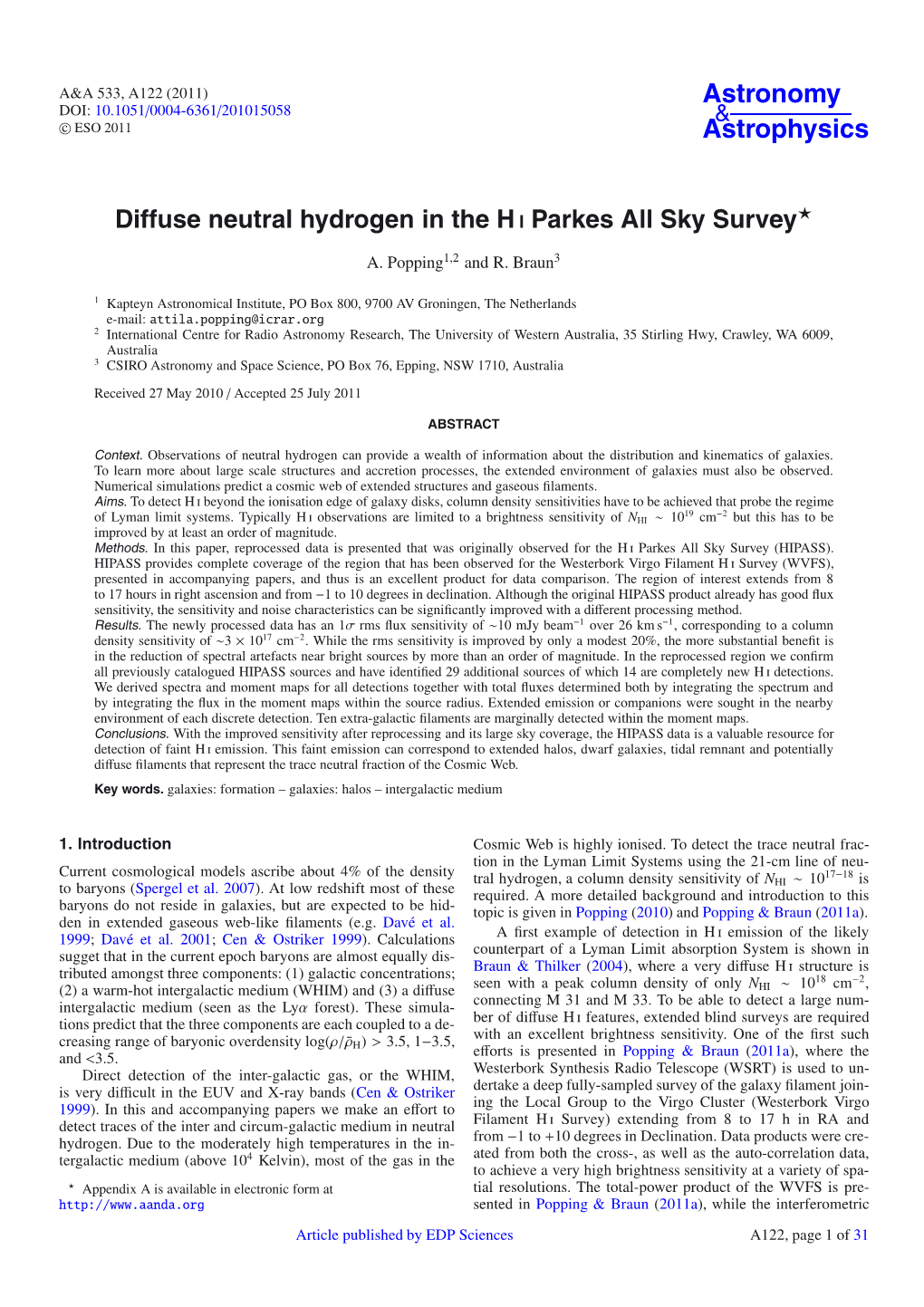 Diffuse Neutral Hydrogen in the H I Parkes All Sky Survey⋆